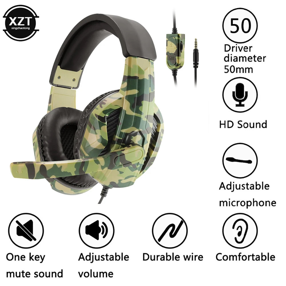 Camouflage Gaming Headset 3.5mm AUX Jack Wired Headphones